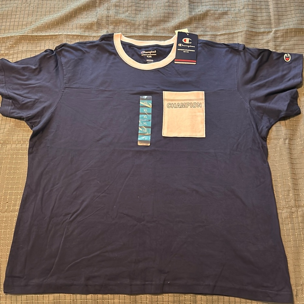NWT Champion t-shirt Size XL. Blue with pink square and Collar